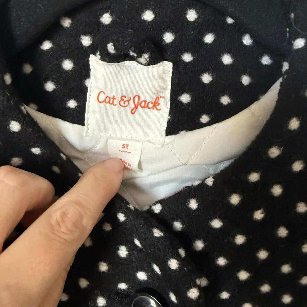 Cat & Jack Girls Black White Polka Dot Pea Coat Jacket Size 5T Quilted Lining